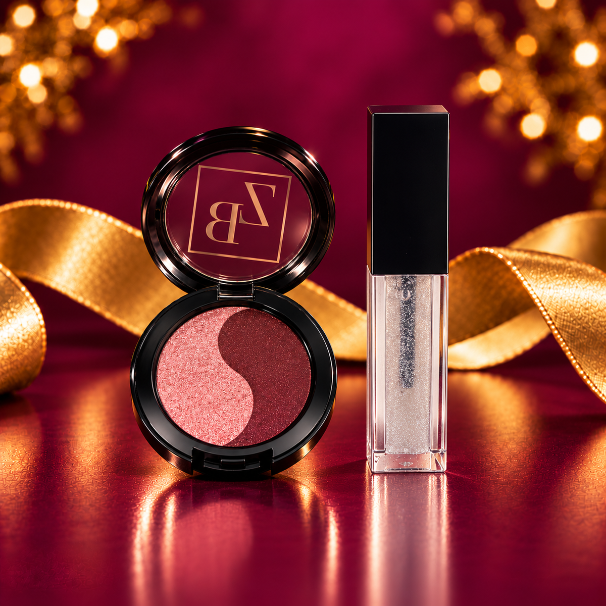 Zeni Beauty Cherry Blossom Double Take compact beside Almost Clear Gloss, styled with gold ribbon against an eggplant background.