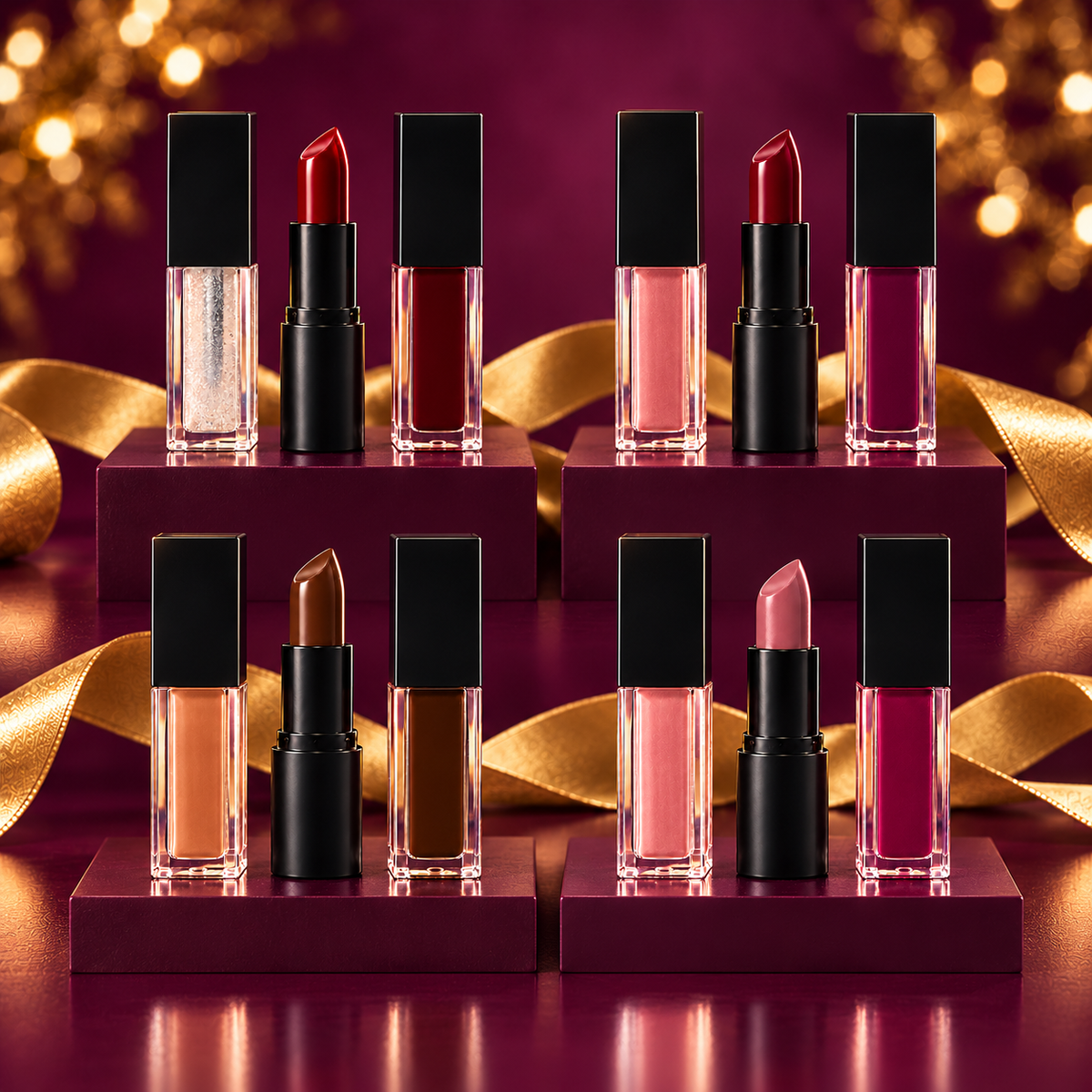 Four Zeni Beauty Holiday Lip Wardrobes, each featuring a gloss, lipstick, and Velvet Matte, displayed on eggplant platforms with gold ribbon.