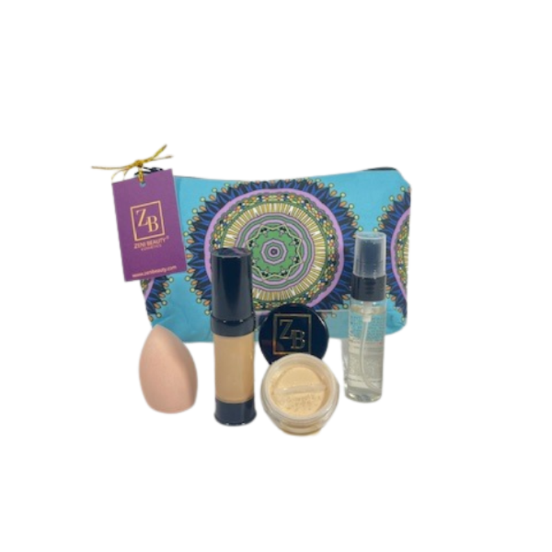 Makeup set with a decorative pouch on a white background